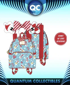 Quantum Collectibles Loungefly Disney Minnie Mickey Snowman AOP Mini Backpack Headband Set Preorder